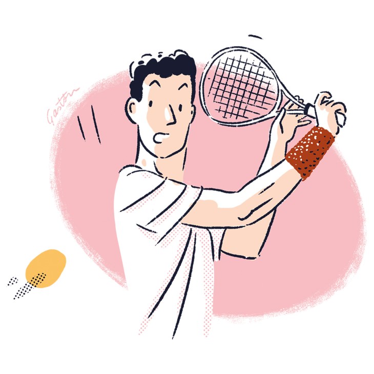 Illustration of a man in white tennis attire holding a tennis racket with a brown wristband, against a pink circular background.