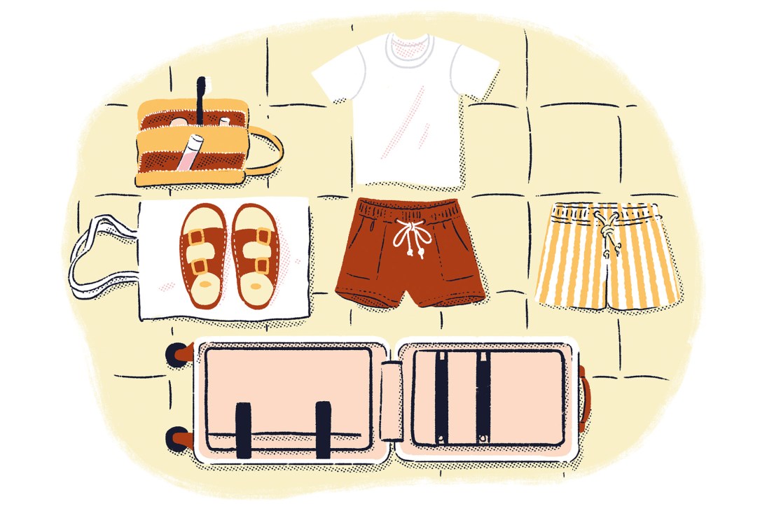 Illustration of packing essentials for travel including a sandwich, white t-shirt, red shorts, striped shorts, shoes, and open suitcases.