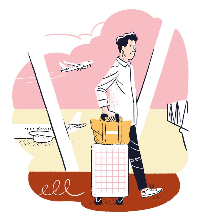 Illustration of a man with a yellow suitcase and white rolling luggage at an airport with a plane in the sky