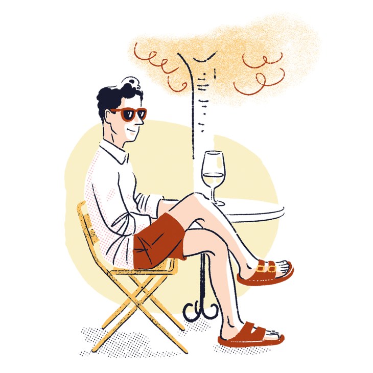 Illustrated woman sitting under a tree with a wine glass, wearing sunglasses and casual summer clothing.