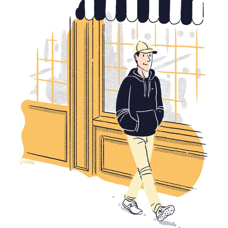 Illustration of man wearing cap and dark hoodie standing outside storefront with yellow awning