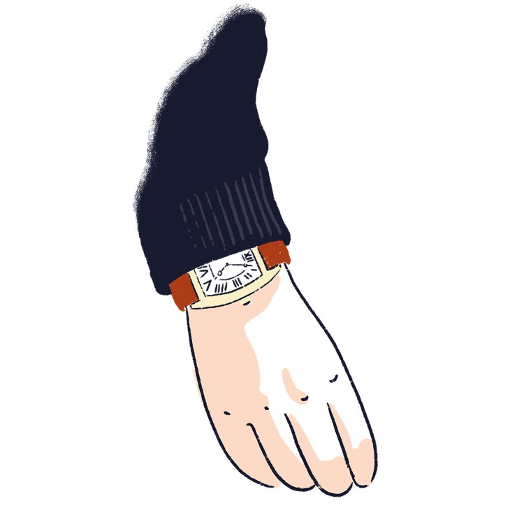 Illustrated hand wearing a Cartier Tortue watch with orange leather strap and cream-colored face.