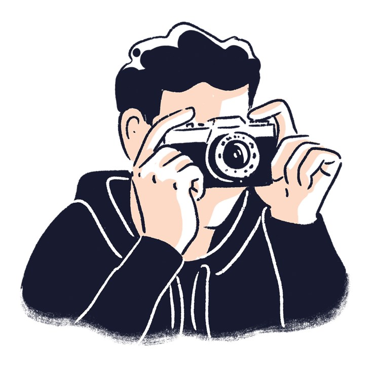 Illustration of a person holding a vintage camera up to their face