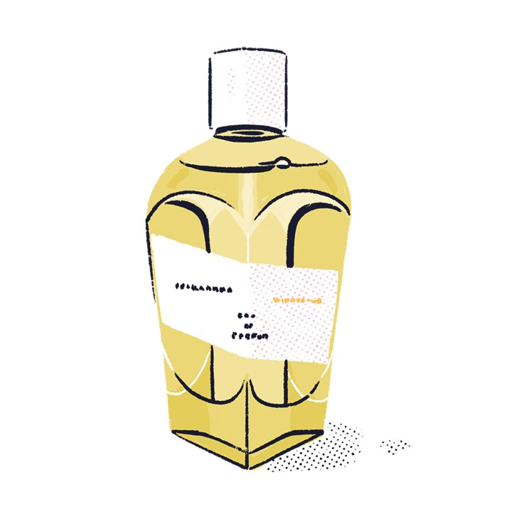 Illustration of a yellow fragrance bottle with a white label and spray atomizer.