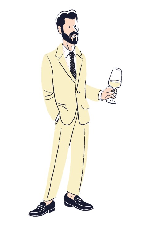 Illustration of man in pale yellow suit holding wine glass, styled for evening occasions.