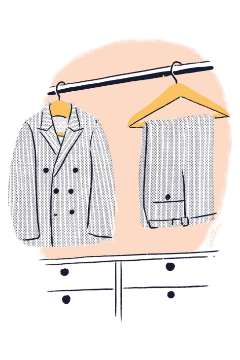 Illustration of a double-breasted pinstripe suit and separate dress pants on wooden hangers.