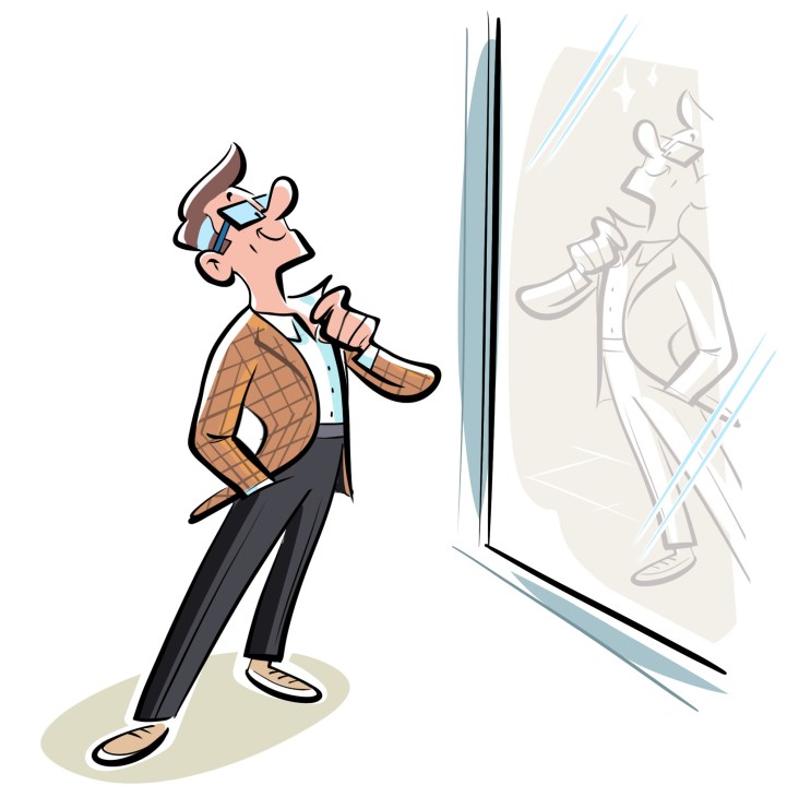 Cartoon illustration of a man in business attire looking in a mirror, reflecting on his appearance.
