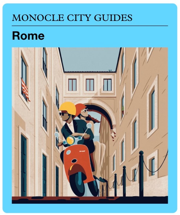 Illustration of two figures on a red Vespa scooter riding through a narrow Roman street lined with beige buildings.