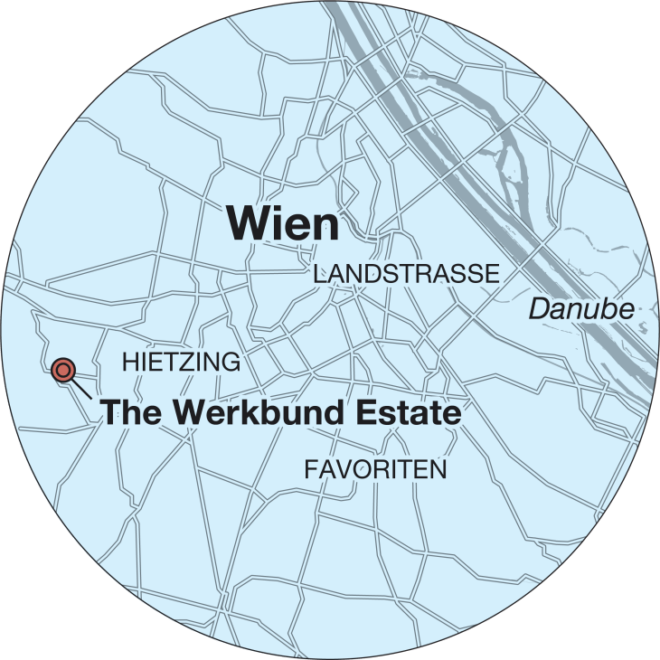 Map of Vienna showing the Werkbund Estate location in Hietzing near the Danube River.