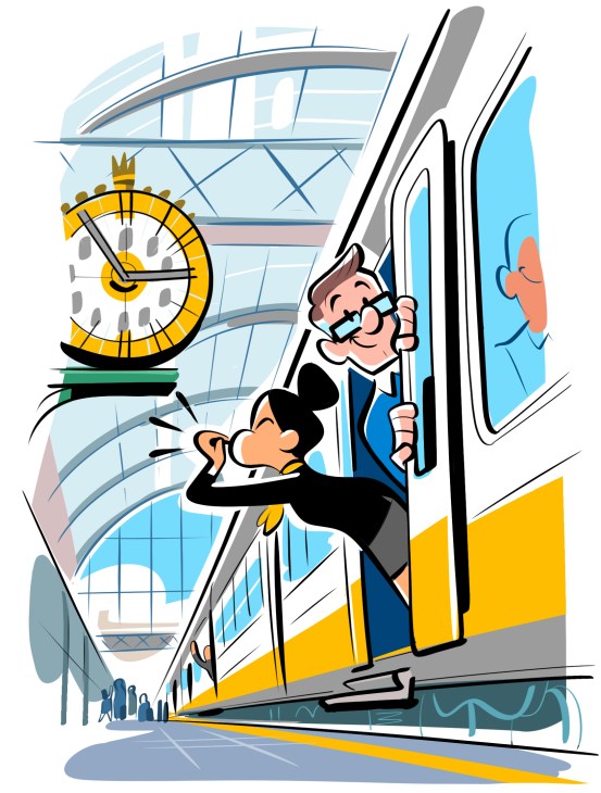 Cartoon illustration of a businessman in a suit stepping off a modern ship with a large golden clock and city skyline in the background.