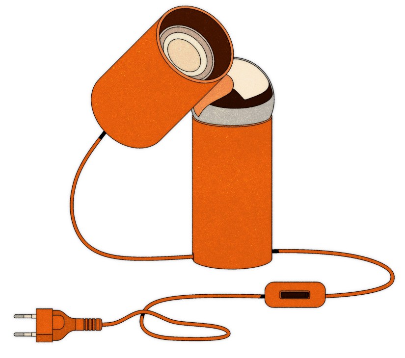 Illustration of orange Bilboquet lamp with rotating light source by Philippe Malouin for Flos.