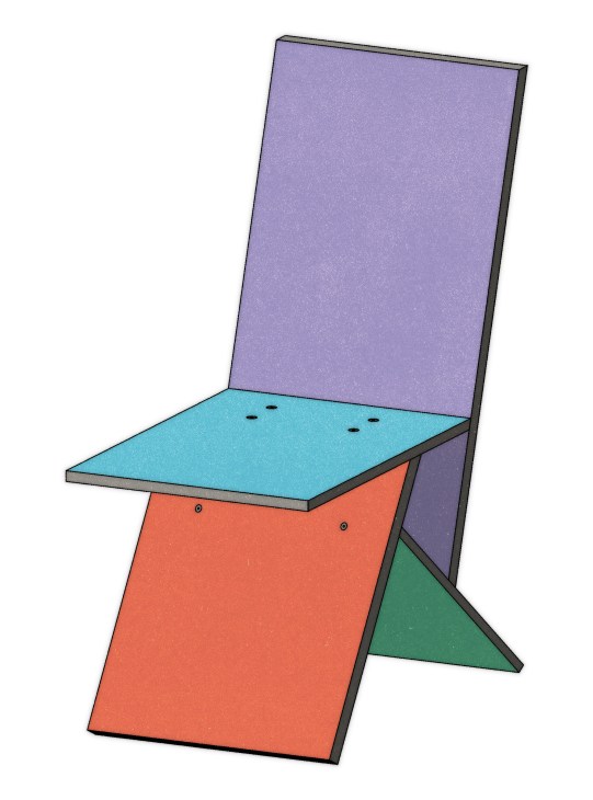 Vilbert chair by Verner Panton made from four colorful painted MDF panels in purple, turquoise, orange, and green.
