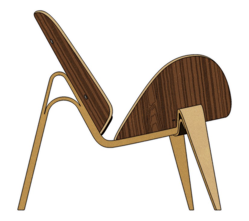 Hans Wegner's CH07 Shell Chair from 1963, a plywood chair with curved wooden seat and backrest on angled wooden legs.
