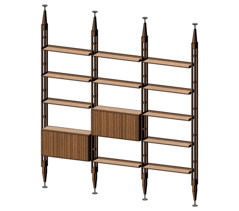 Infinito bookcase by Franco Albini featuring tall wooden shelving units with metal frames and decorative wood panels.