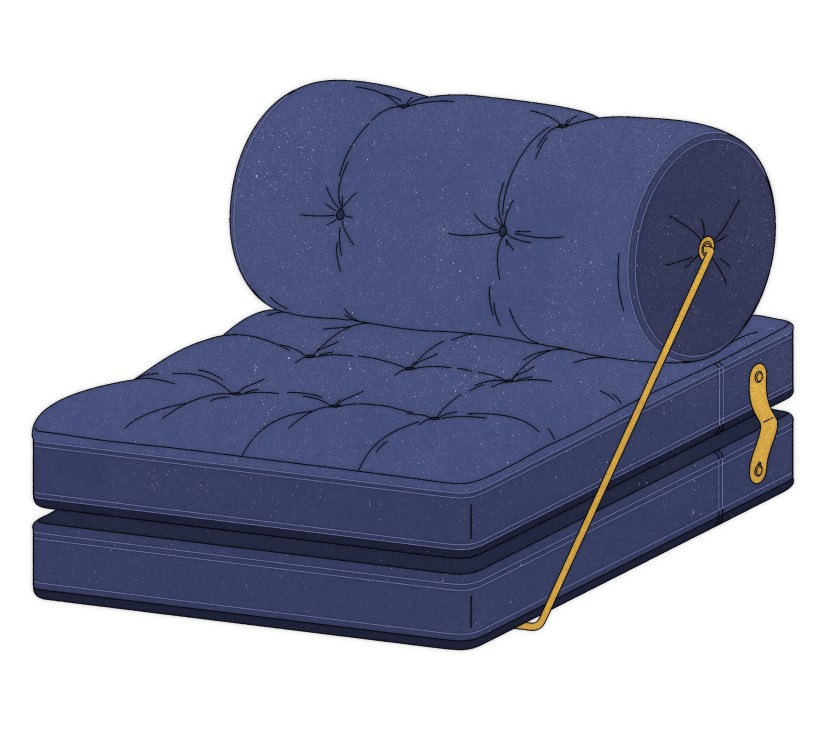 Tajt denim lounger by Gillis Lundgren, a navy blue upholstered chair that folds out into a single mattress, featuring tufted cushioning and gold handles.