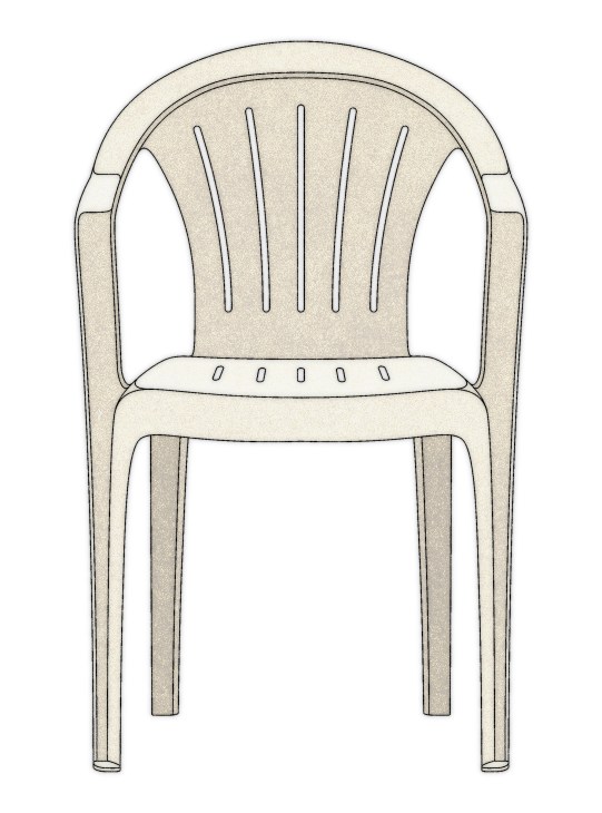 Illustration of a Monobloc chair, a white injection-molded plastic seat with curved back and metal legs.