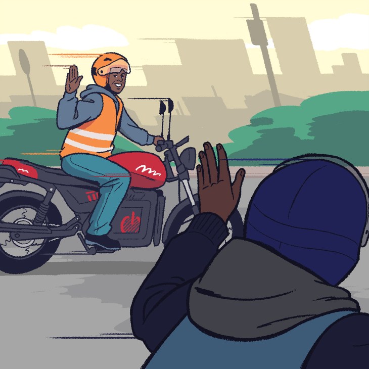 Illustration of a boda boda rider on an electric motorcycle waving to another person on the street in Nairobi.