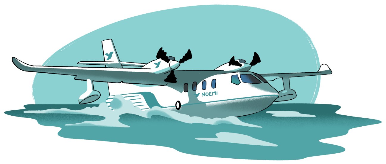 Illustration of Noemi Aerospace's white and teal emission-free seaplane with twin engines on water.