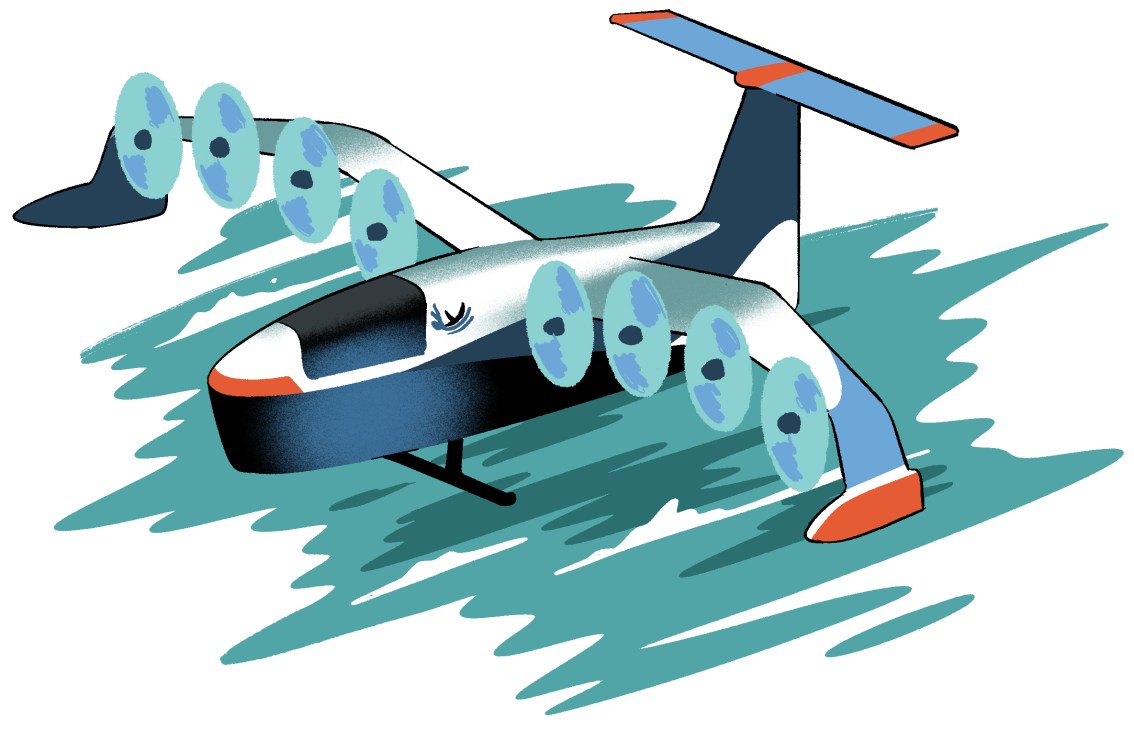Illustration of a next-generation seaplane with blue and orange accents flying over stylized teal water waves.