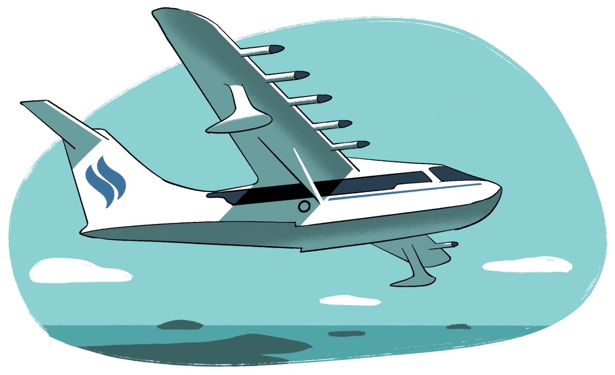 Illustration of a teal and white seaplane with engine mountings flying over water with clouds.