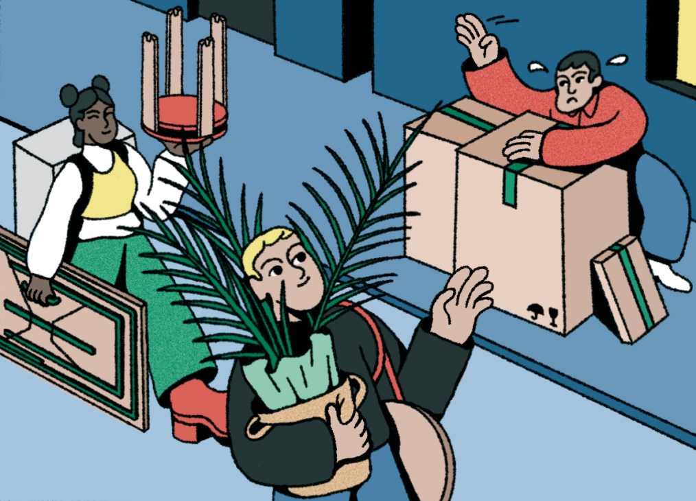 Illustration of people packing portable furniture and plants into cardboard boxes for moving.