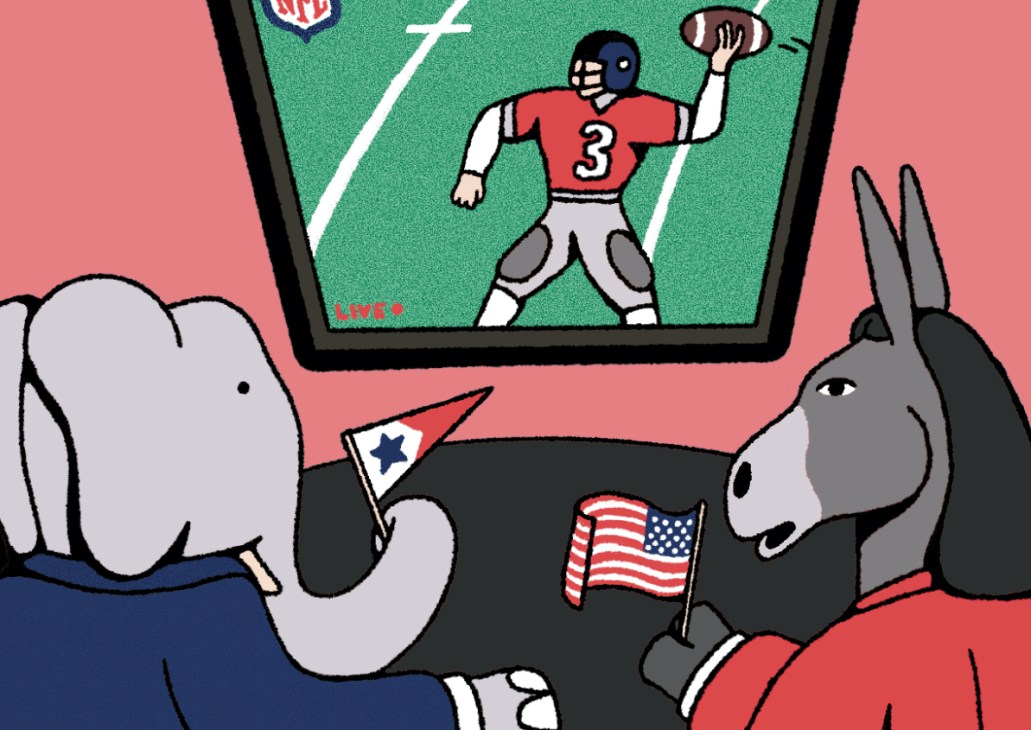 Illustration of Republican elephant and Democratic donkey watching NFL football game on TV together in a beer garden.