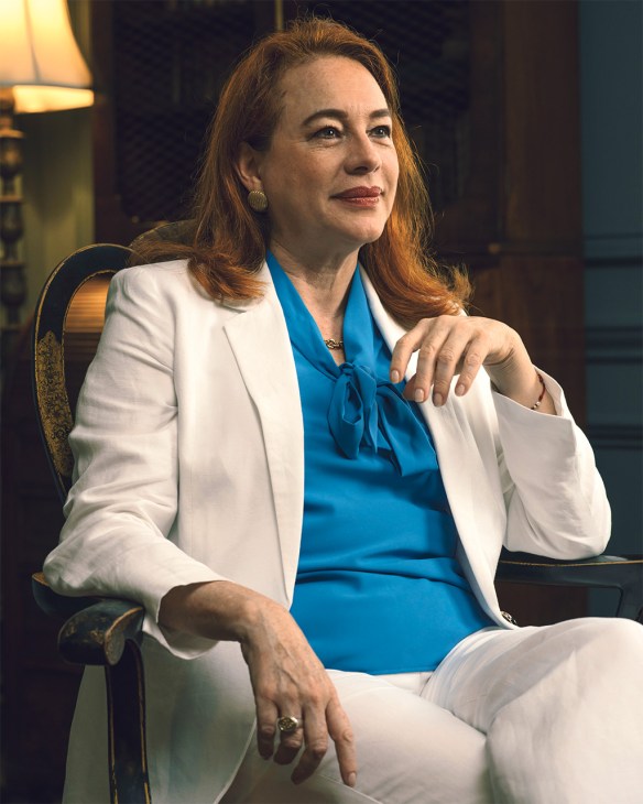 María Fernanda Espinosa, former Ecuadorean defence minister and UN General Assembly president, seated in a white blazer and blue blouse.