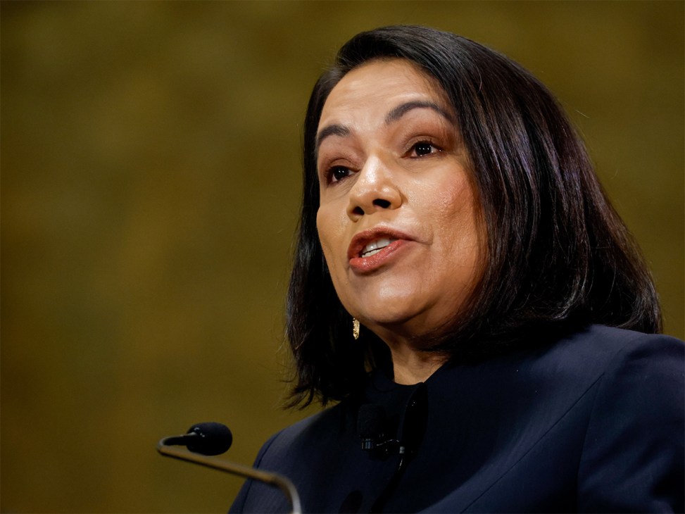 Carolyn Rodrigues Birkett, Guyana's permanent representative to the UN, speaks at a microphone.