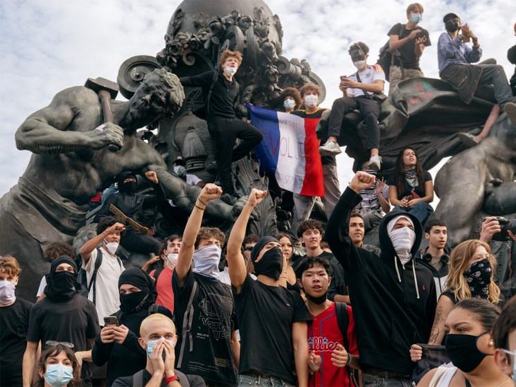 Protestors and police stand off in Nation square as tens of thousands of secondary school students and their supporters march from Republic to Nation square on October 6, 2026 in Paris, France
