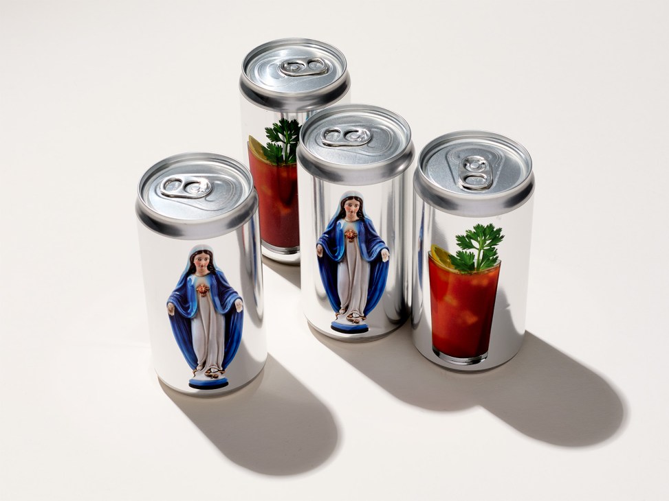 Canned Mary beverages featuring religious imagery on white cans with pull-tab lids, displayed with cocktail glasses.