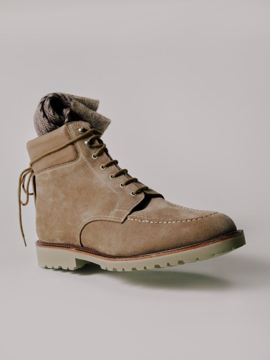 Tan suede lace-up boot with rolled-down grey knit cuff and cream lug sole by Crockett & Jones.