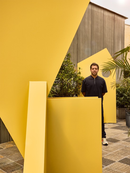 Man in black shirt standing in front of bright yellow geometric wall installation with plants and wooden structure behind