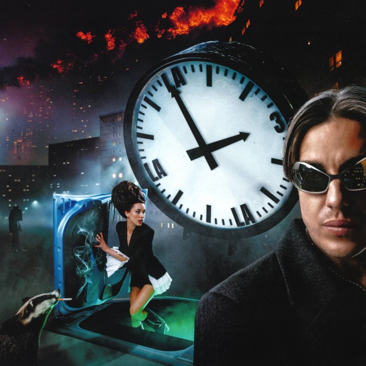 Movie poster-style illustration featuring a man in sunglasses, woman in business attire, large illuminated clock, and cityscape with flames.