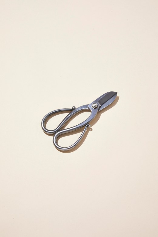 Silver metal pruning shears or garden scissors with curved handles on beige background