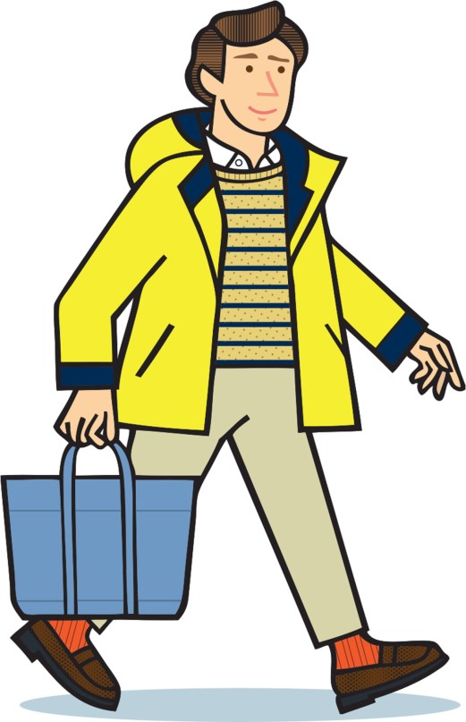 Illustrated man in yellow jacket walking with blue suitcase, wearing casual attire and brown shoes