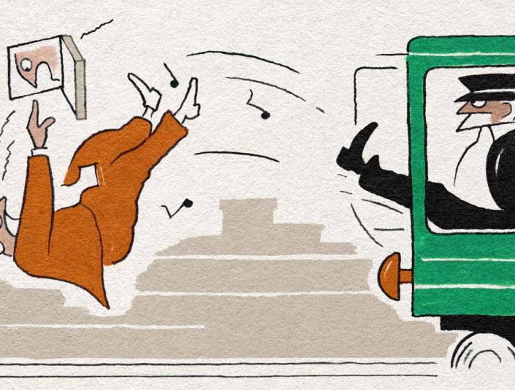 Illustration of passengers being ejected from a green train by a conductor