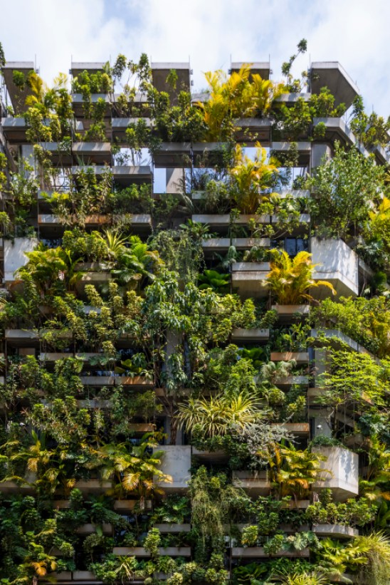 Urban Farming Office building facade covered with vertical gardens and greenery in Ho Chi Minh City