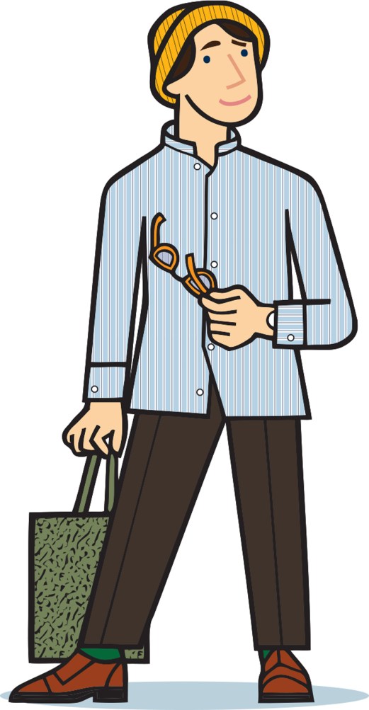 Illustrated man in yellow beanie, blue striped shirt and brown trousers holding glasses and green shopping bag
