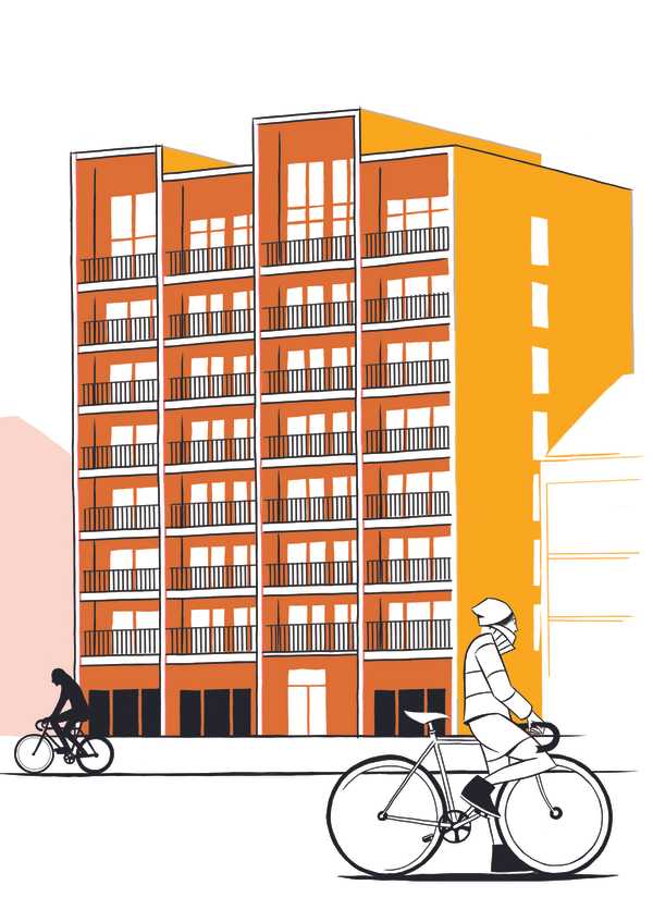 Illustration of orange residential building with balconies and cyclists in foreground