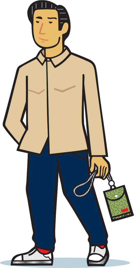 Illustration of a man in beige jacket and blue pants holding a small green bag with lanyard