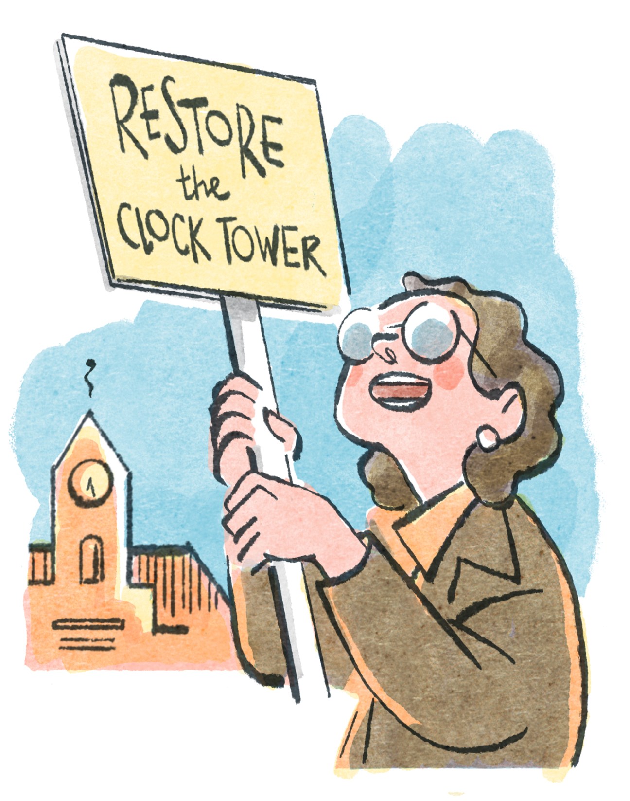 Illustrated woman holding protest sign reading "Restore the Clock Tower" with building in background