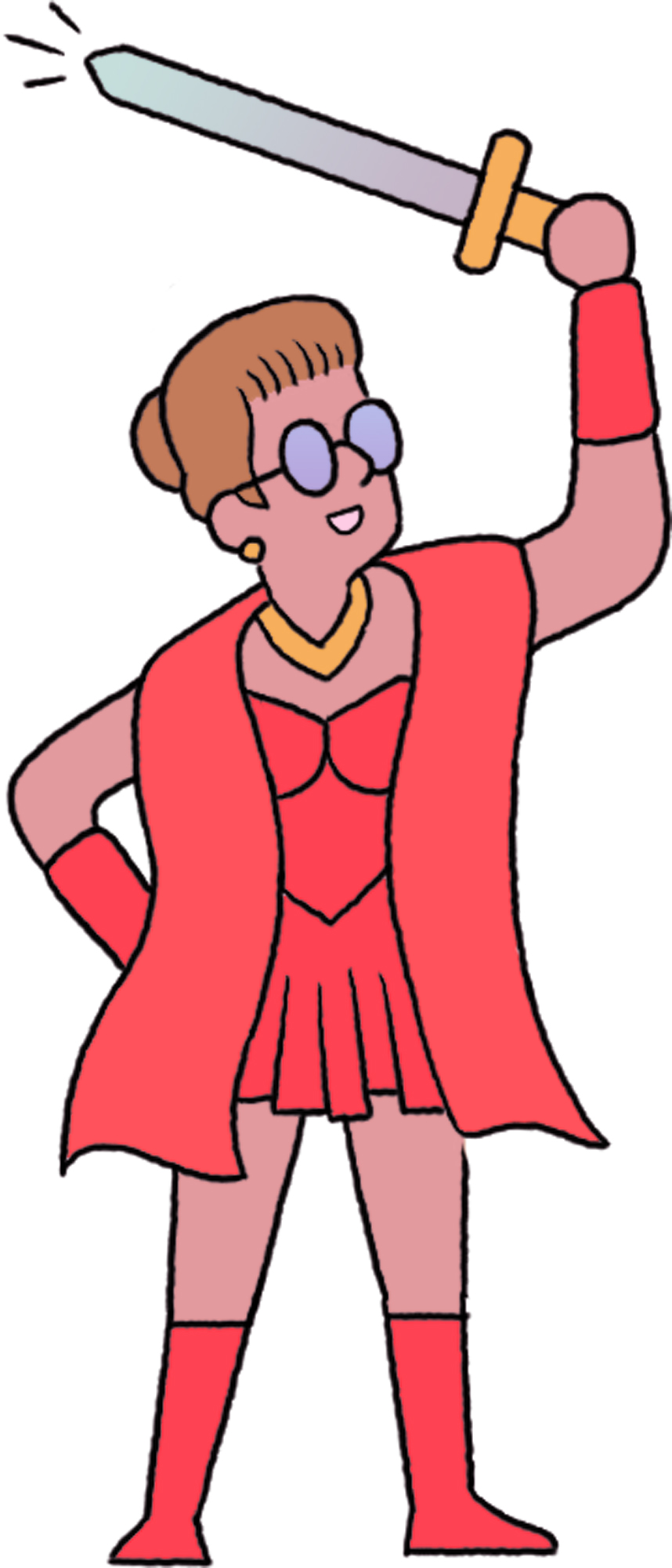 Person in red outfit and cape holding sword above head in heroic pose