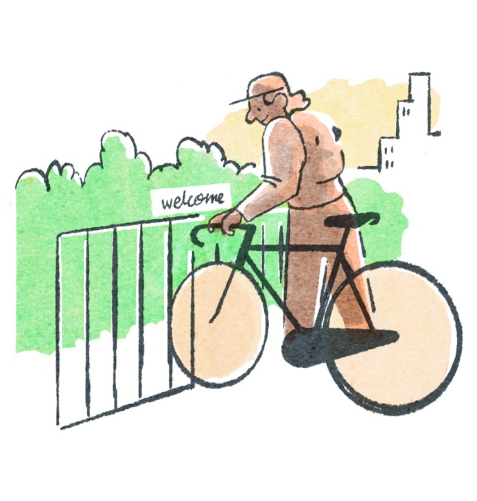 Illustration of cyclist with bike locked to fence with welcome sign