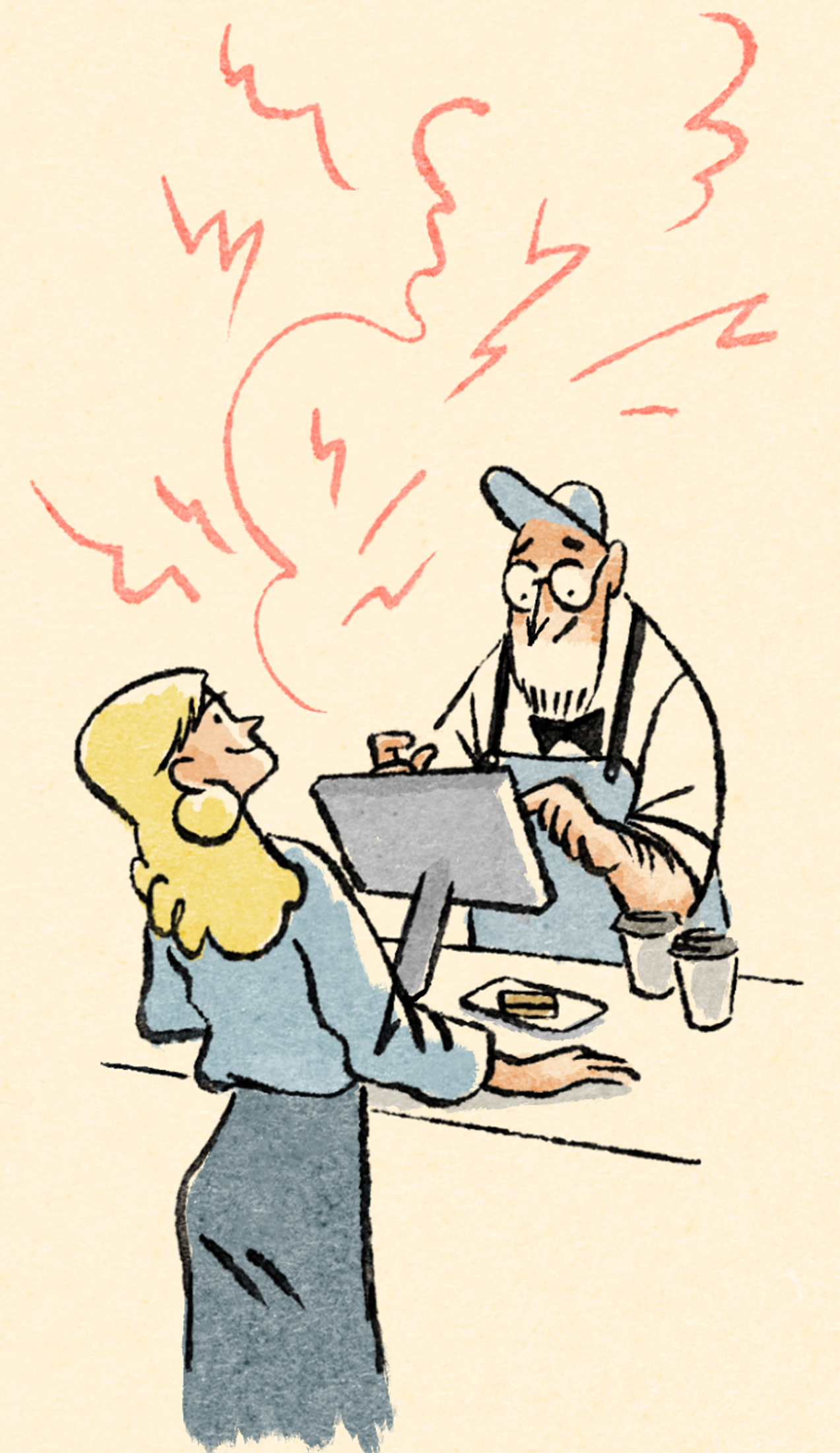 Cartoon illustration of woman at counter with bearded man using tablet point-of-sale system