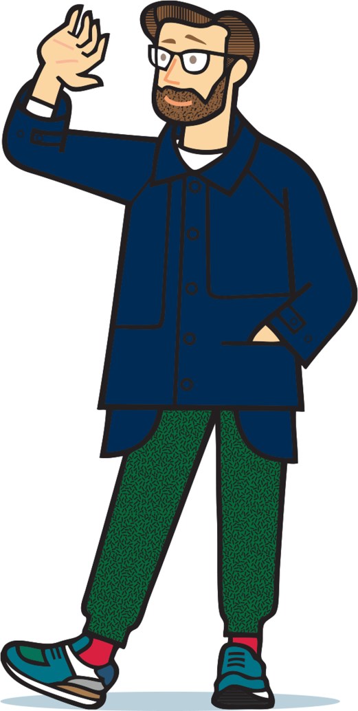 Illustrated man in glasses waving, wearing blue balmacaan jacket and green trousers with colorful sneakers