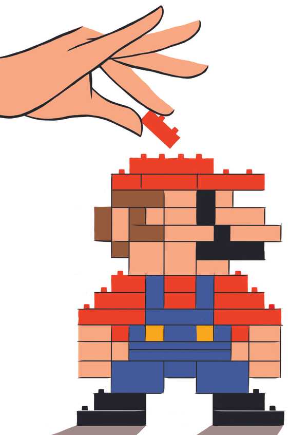 Pixelated Super Mario figure being assembled with red Lego brick by hand