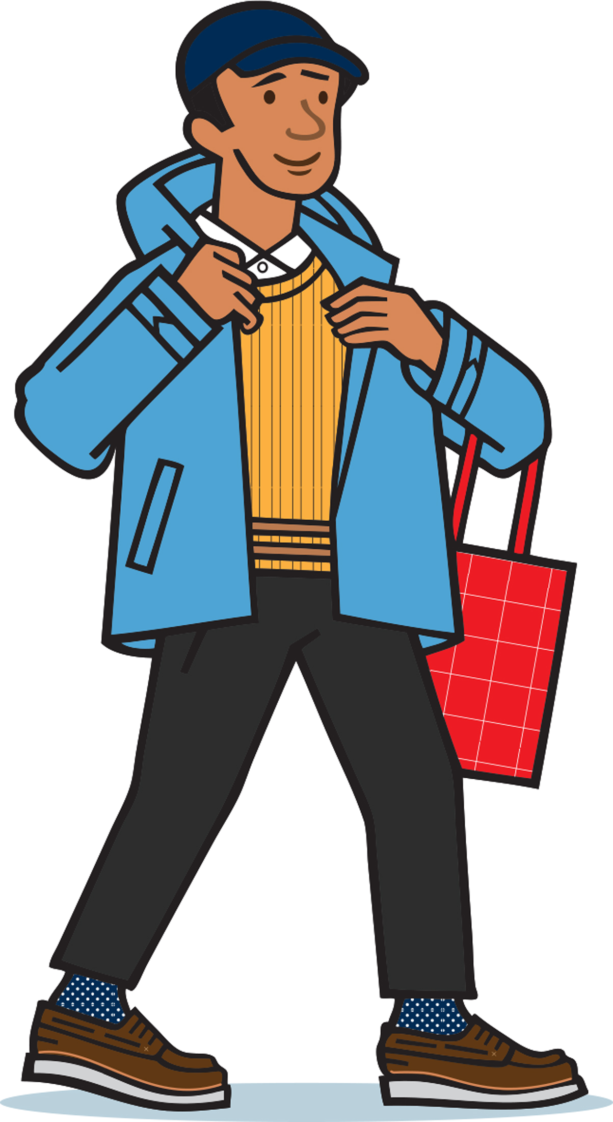 Illustrated man in blue jacket and black pants holding a red shopping bag.