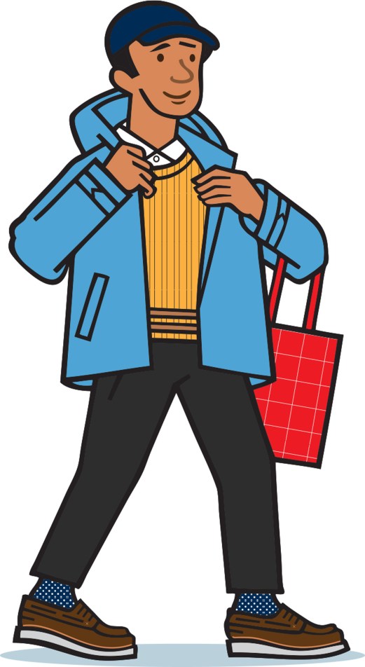 Illustrated man in blue blazer, yellow sweater, and brown shoes carrying a red shopping bag while walking