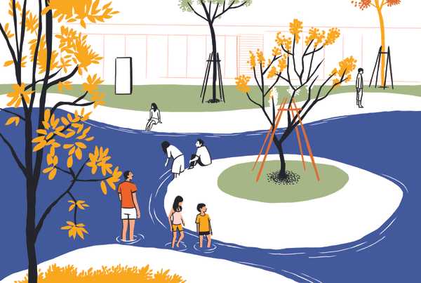 Illustration of people swimming and playing in a public pool with trees and playground equipment