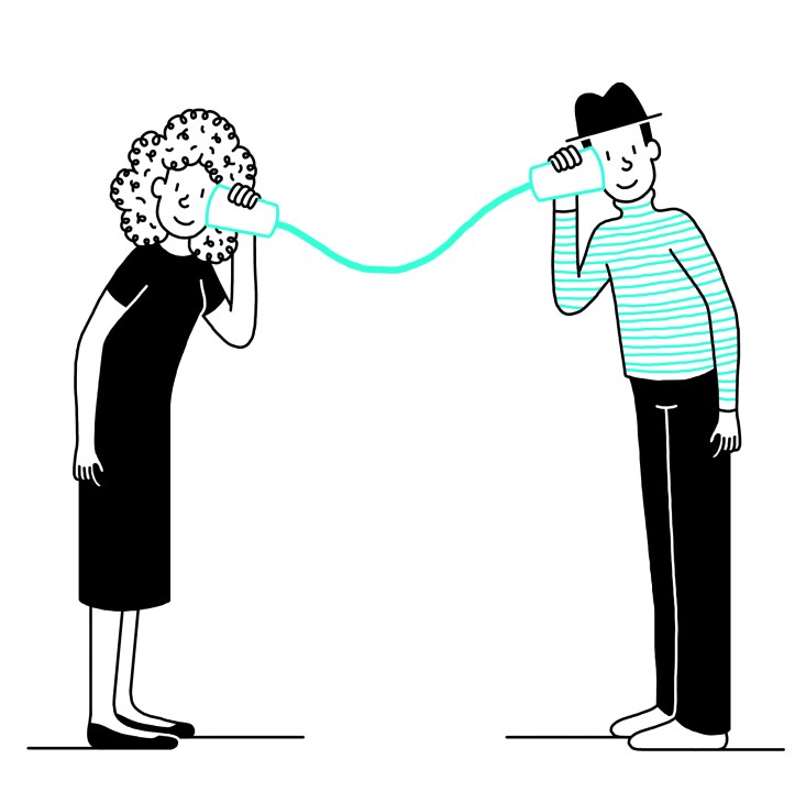 Illustration of two people communicating through tin cans connected by string, representing dialogue and listening.